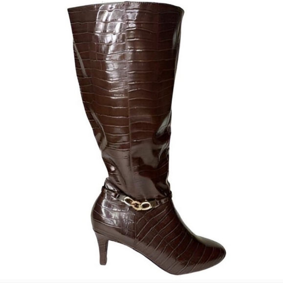 NWOB Karen Scott size 9 KS-Hanna Brown Croc Knee high dress Boots - Picture 1 of 8